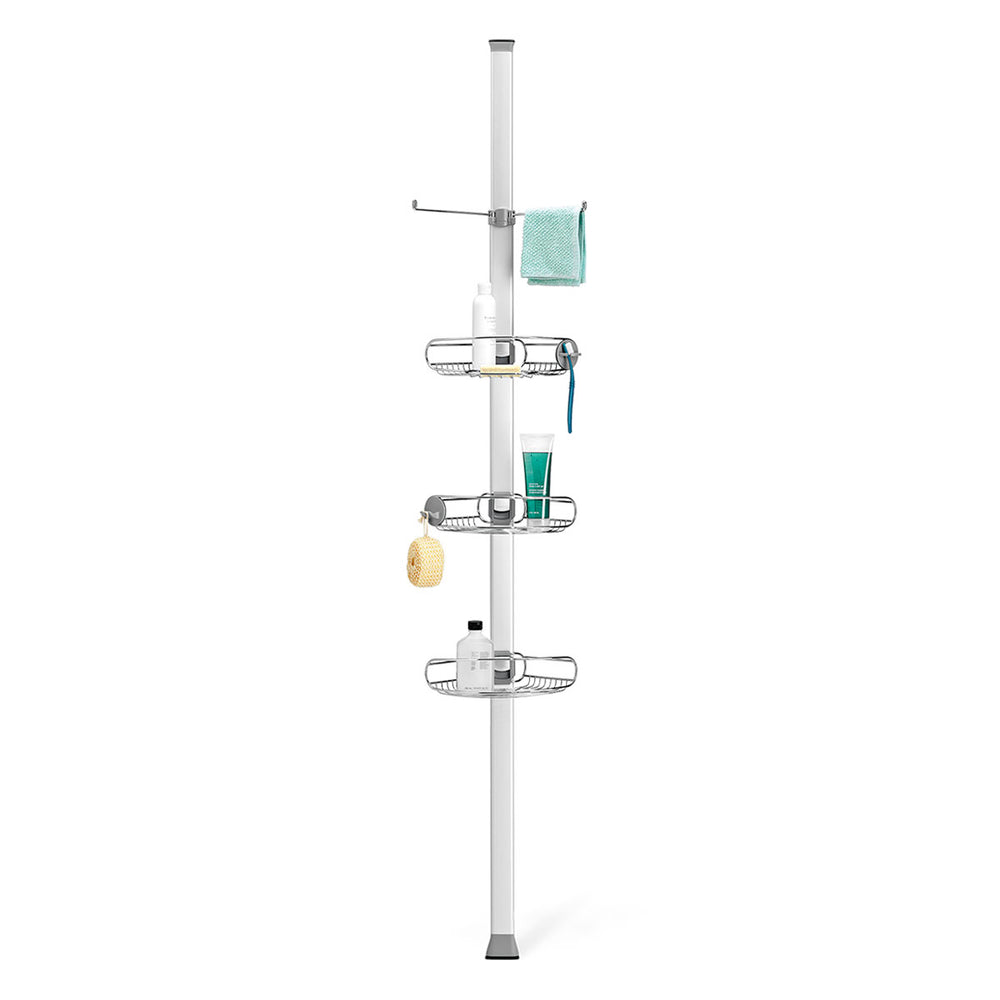 Simplehuman Polished Stainless Steel Tension Shower Caddy. Front view showing 3 adjustable baskets, towel bar, and utility hooks.