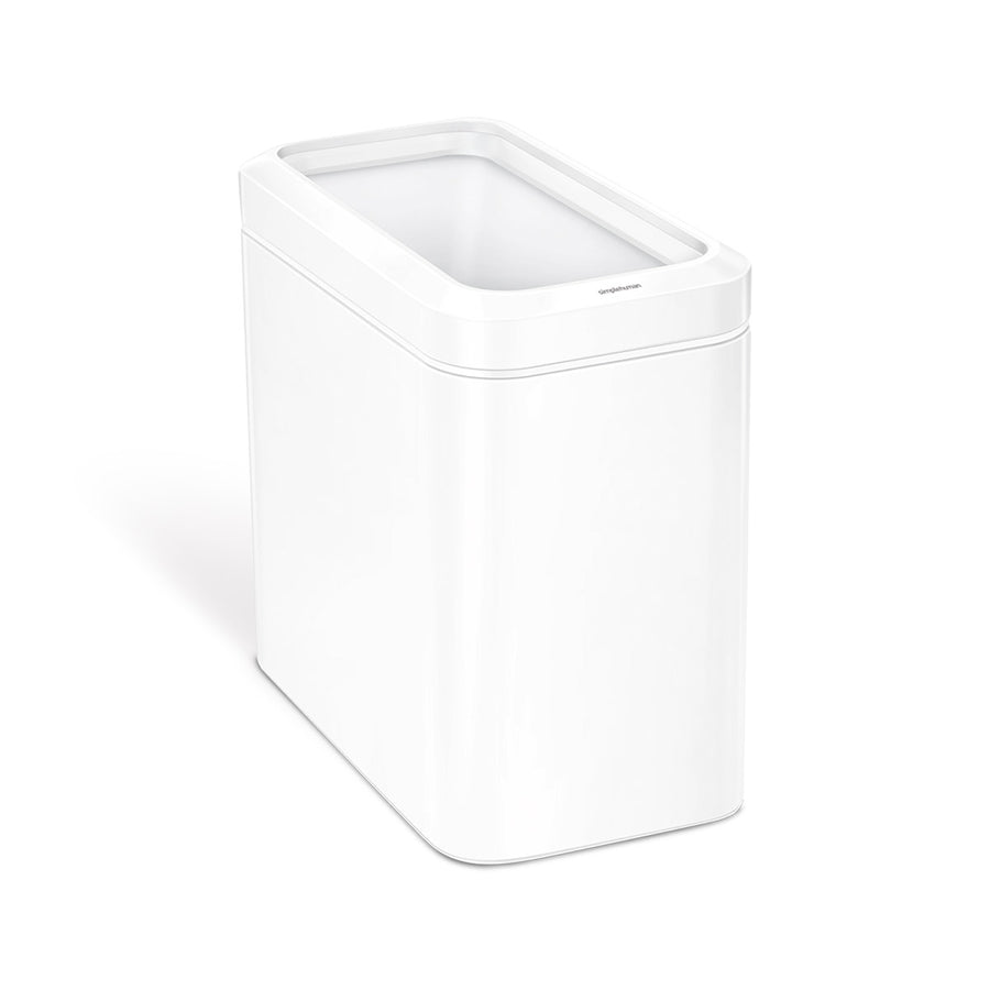 Angled view of Simplehuman 25L Slim Open Can in White, space-saving design.