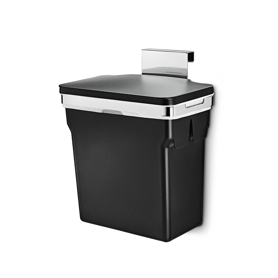 Angled view of Simplehuman 10L Door Mounted Can in Matte Black, space-saving with polished stainless steel hook.