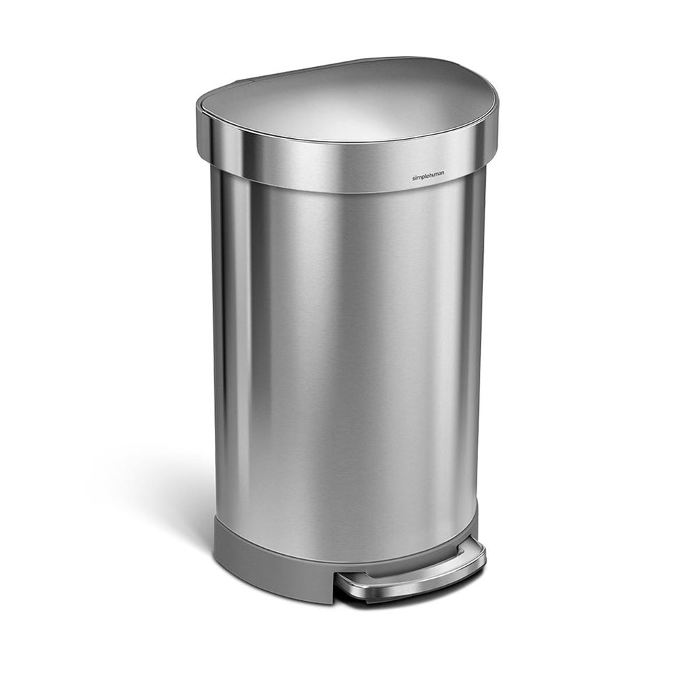Simplehuman 45L Semi-Round Step Can, Brushed Stainless Steel, hands-free foot pedal and liner rim.