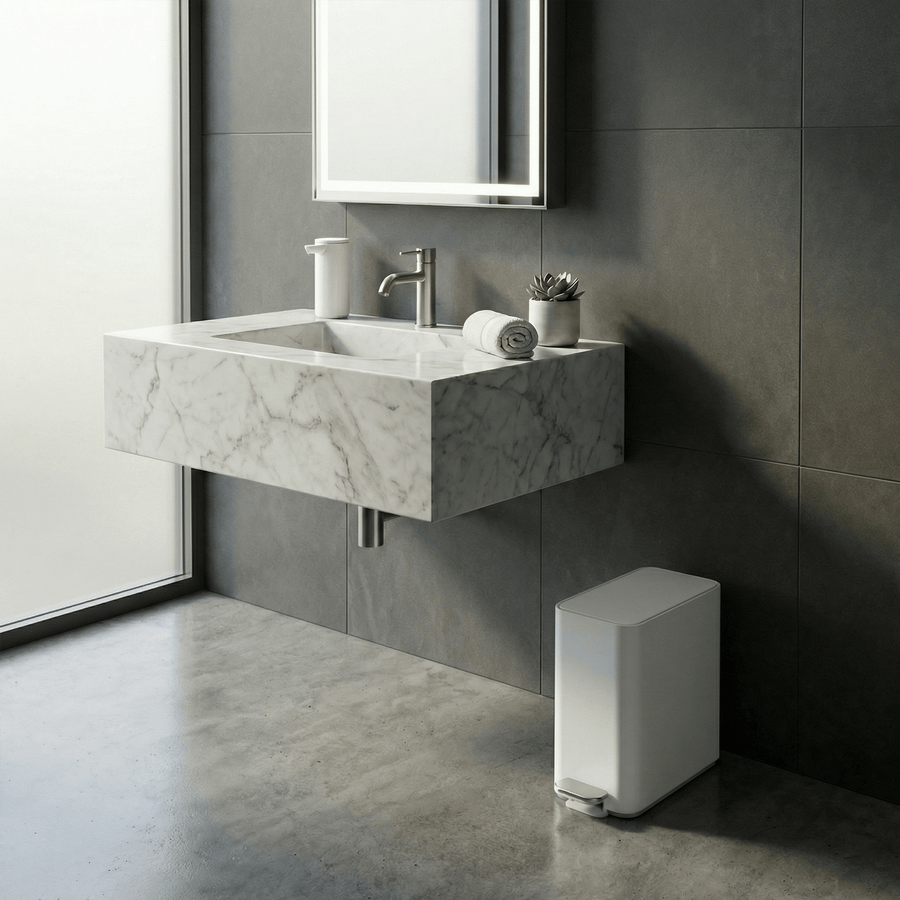Simplehuman's 9L Slim Step Can in White in a clean and simplistic bathroom setting featuring the Simplehuman Sensor Pump in White on the marble sink. 