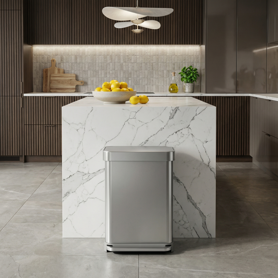 Simplehuman's 55L Step Can in Brushed in a modern kitchen setting with modern appliances and along a marble center countertop.