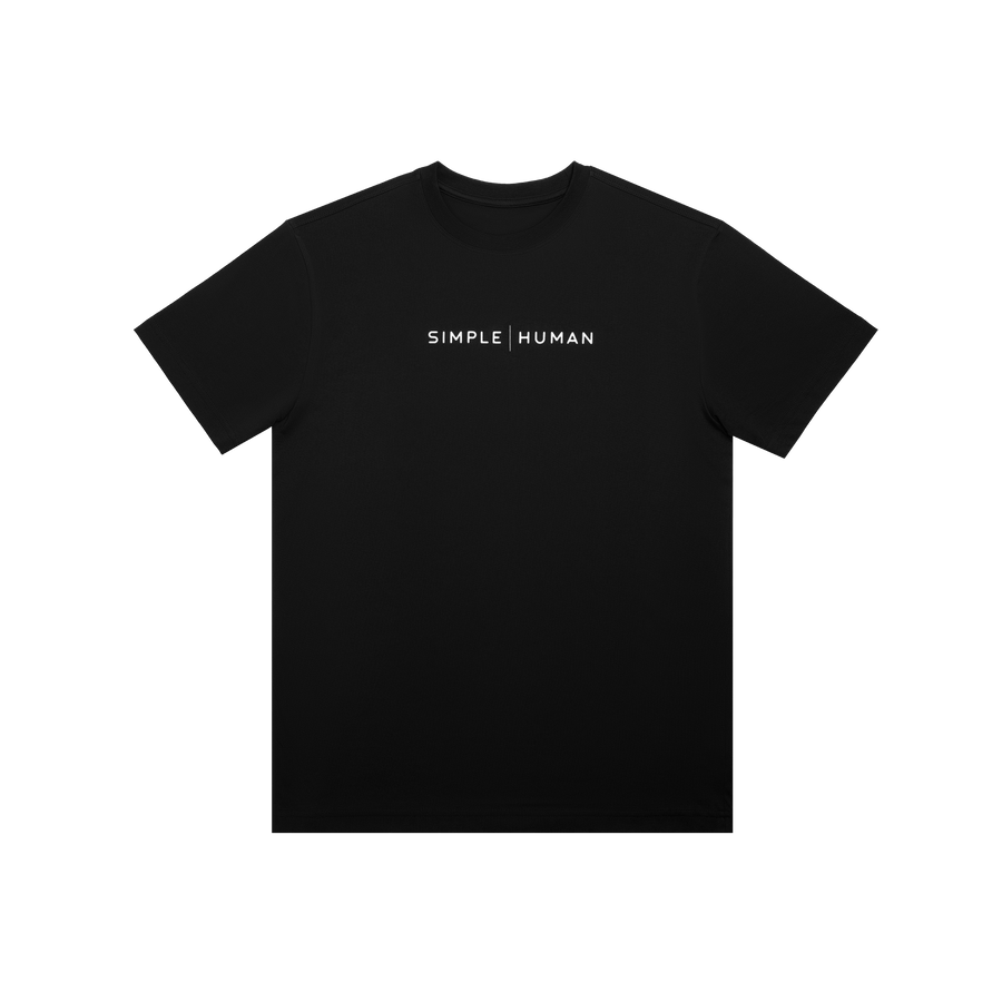 Centered view of Simplehuman Black T-Shirt featuring white logo branding on the chest.