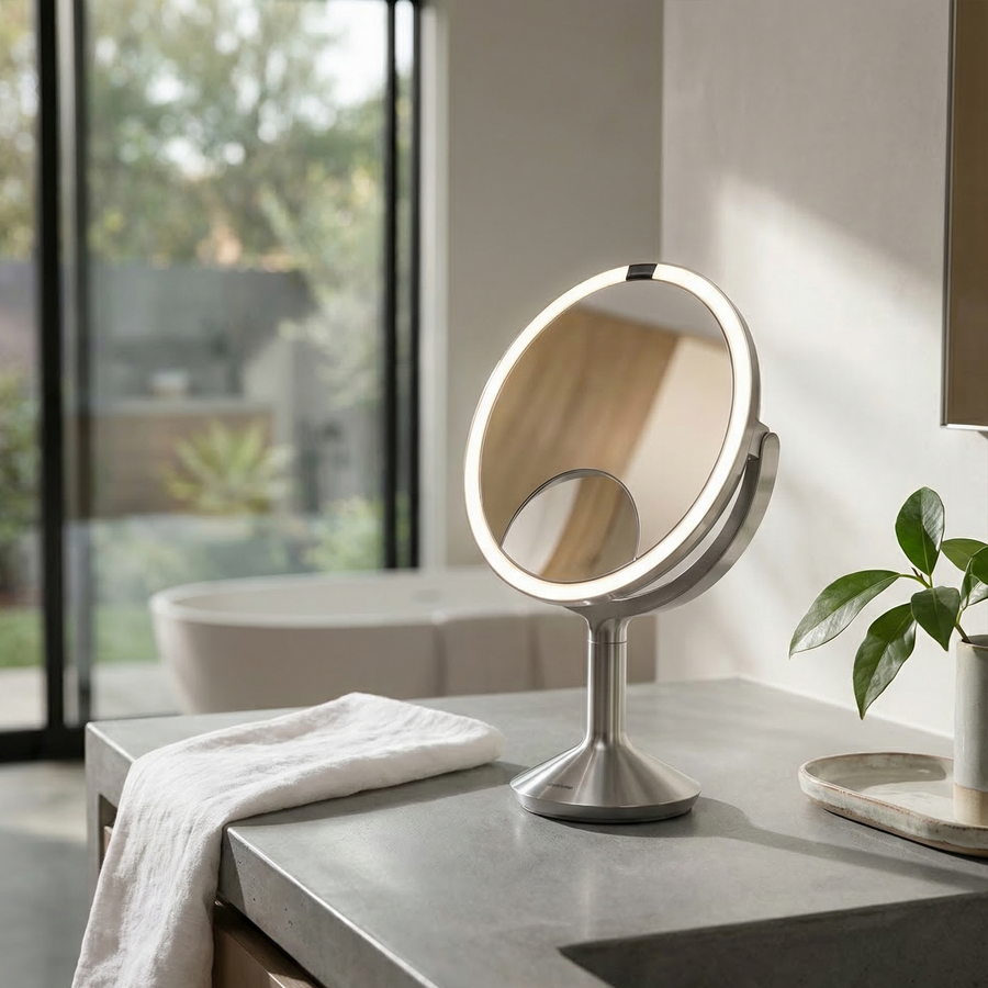 Simplehuman's Sensor Mirror Trio Max in Brushed on a countertop in a well-lit bathroom.