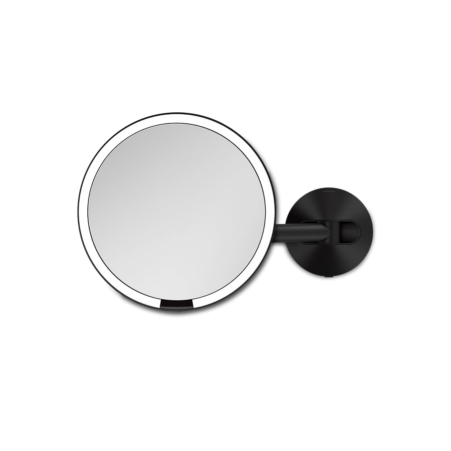 Top-down view of Simplehuman Hard-Wired Sensor Mirror in Dark Bronze, adjustable arm, touch-free sensor light.